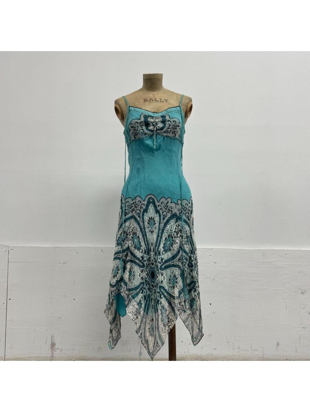 Vintage Y2K Blue Cocoon Beaded Mulberry Silk Handkerchief Fairy Dress - Picture 6 of 8